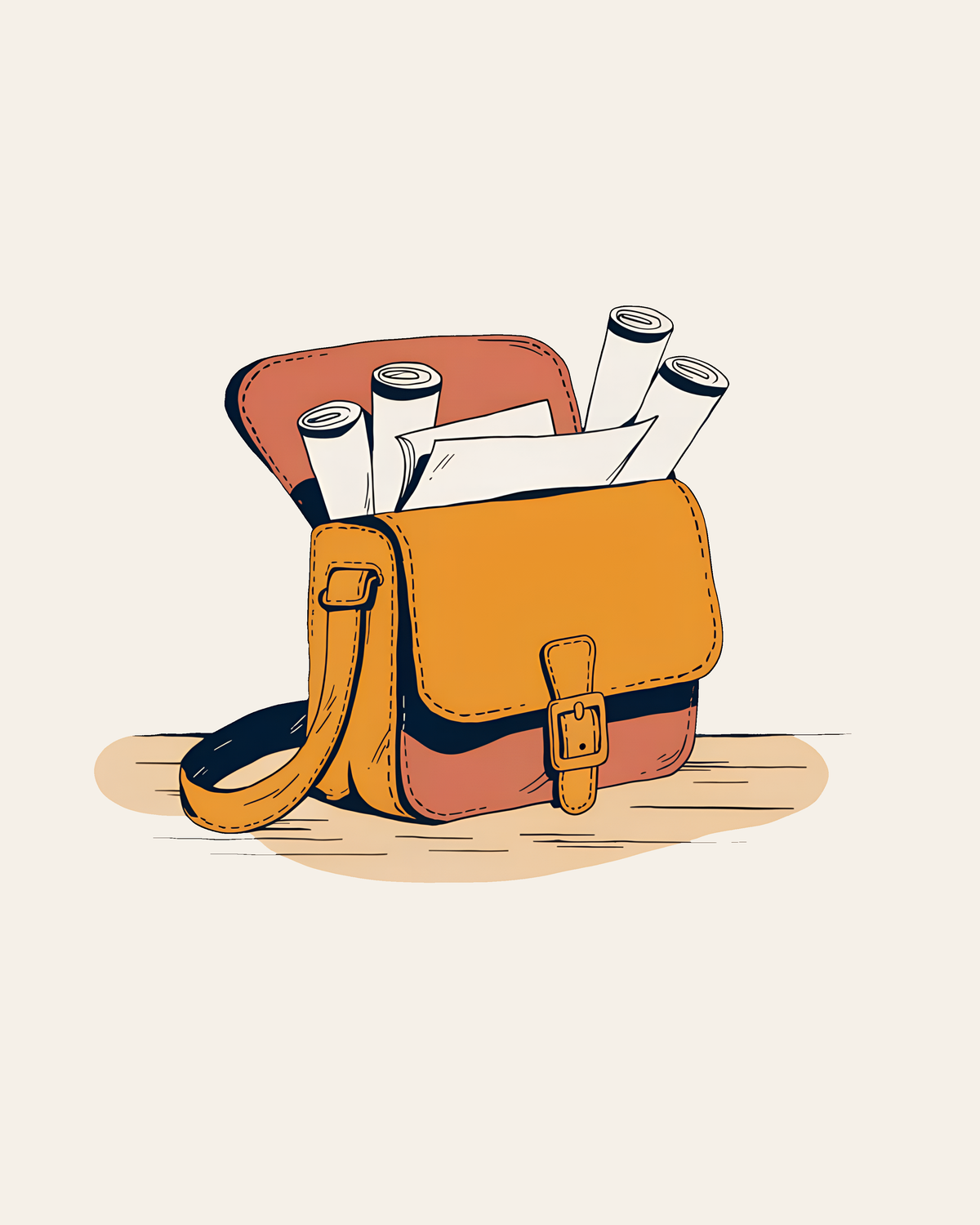 A leather satchel of rolled papers